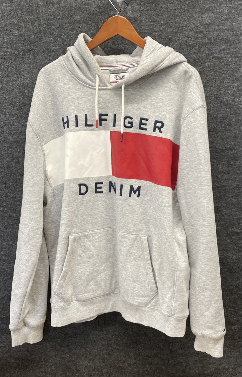 Tommy Hilfiger Denim Men's Heather Grey Large Flag Logo Pullover Hoodie Sz XXL