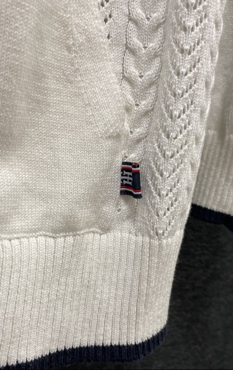 Tommy Hilfiger Jeans Women's White Cable Knit Pointelle Zip Up Hoodie Sweater L