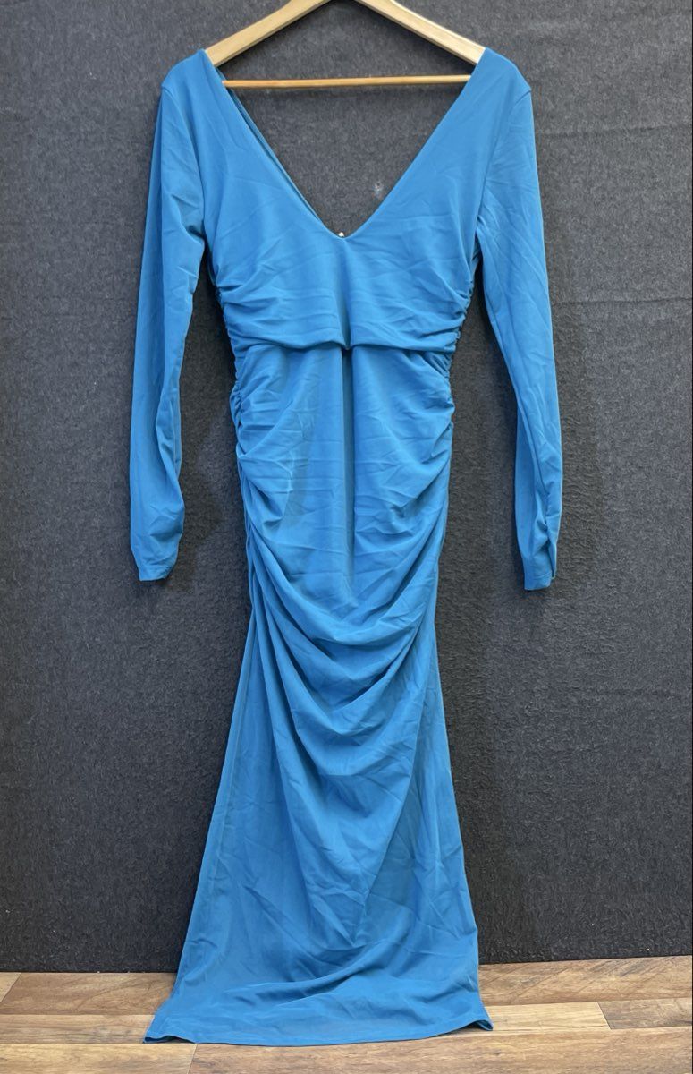 Anthropologie Turquoise Ruched Long Sleeve V-Neck Maxi Dress Size S NWT
