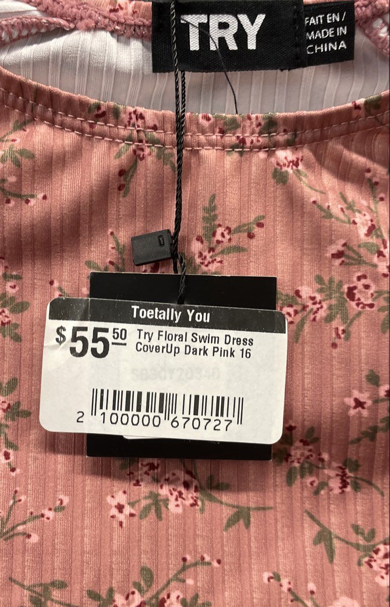 TRY Women's Dark Pink Floral Ribbed Swim Dress Cover Up NWT Sz 16