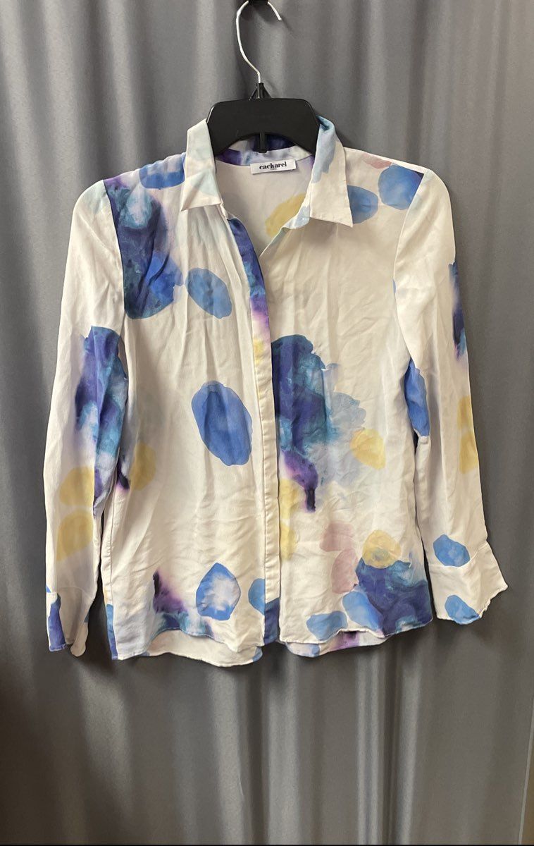 Cacharel Women's White Multicolor Silk Watercolor Abstract Blouse Shirt Sz 36