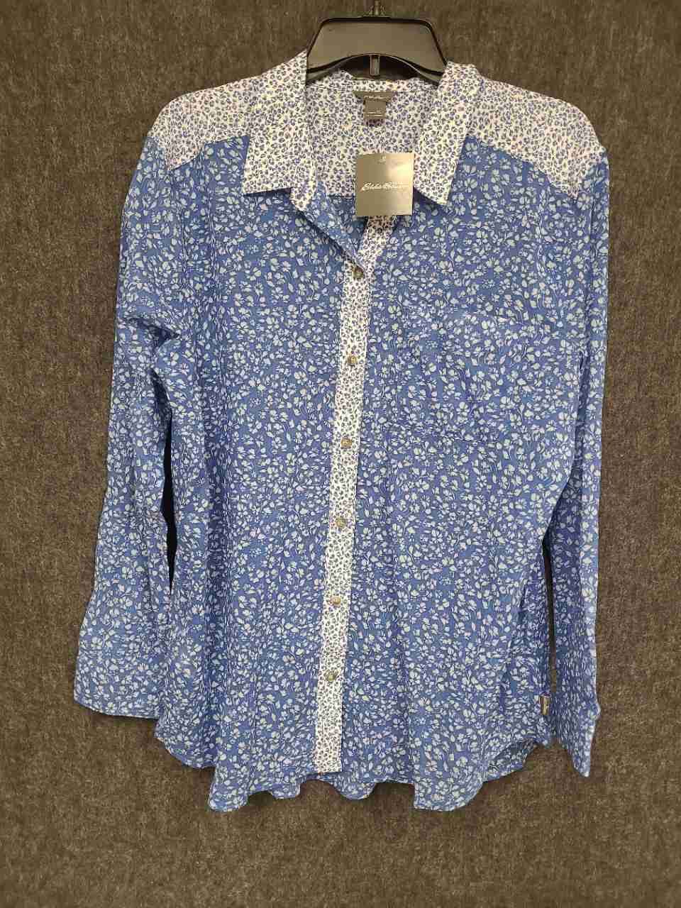 Eddie Bauer Women's Blue White Floral Cotton Button Down Shirt XL NWT