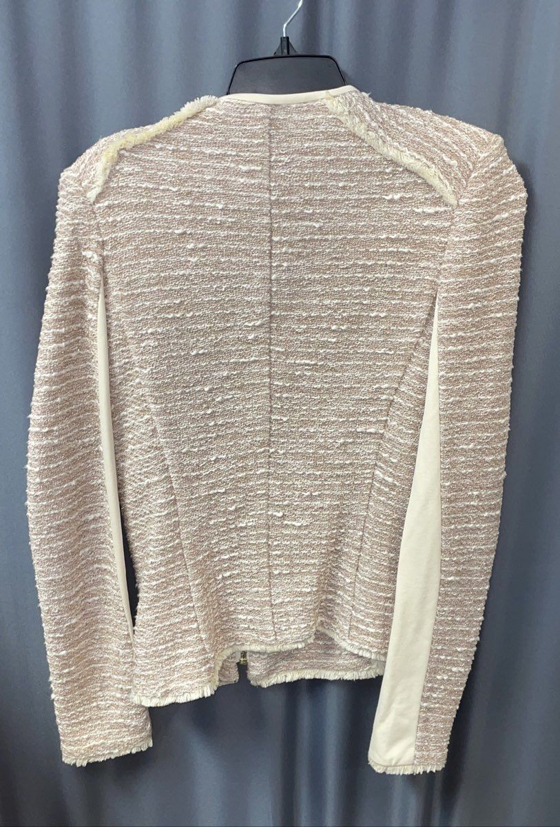 Mango Suit Women's Beige Pink Textured Boucle Zip Jacket Raw Edge Fringe Sz M