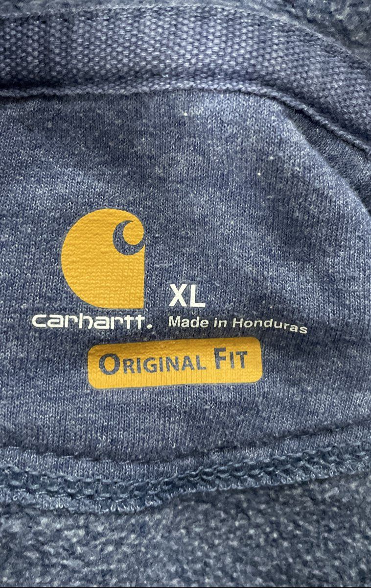 Carhartt Men's Blue Hoodie Orange Logo Sleeve Graphic Original Fit Sz XL