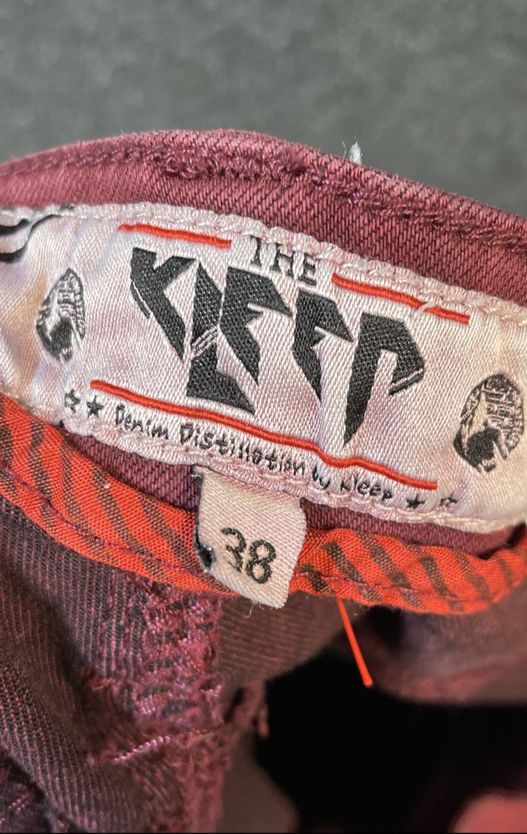 The Kleep Men's Burgundy Red Distressed Moto Biker Jeans Ribbed Size 38