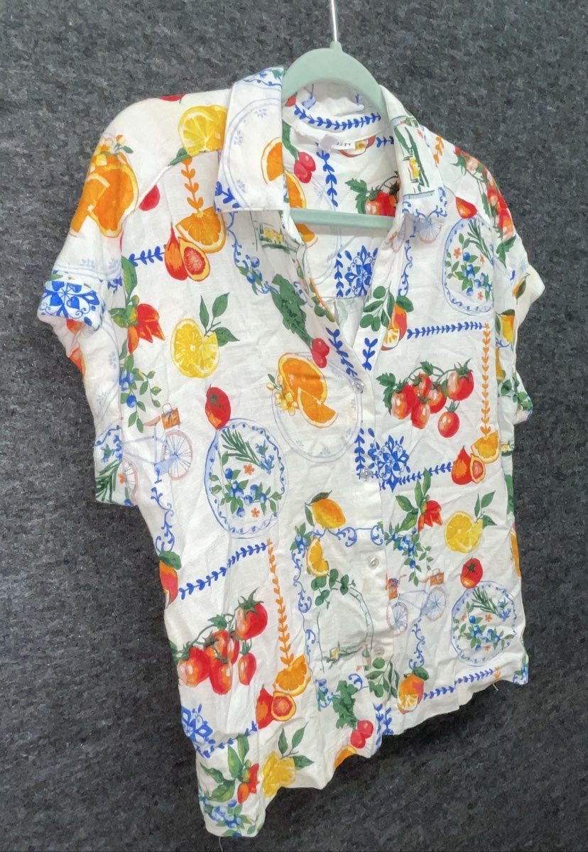 Jane + Delancey Women's Fruit Print Rayon Linen Button Down Blouse Sz L