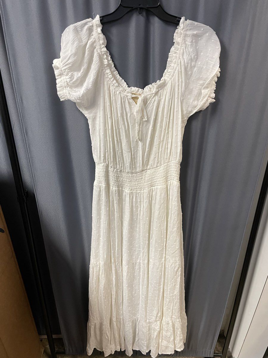Judith March Women's White Textured Smocked Waist Cap Sleeve Maxi Dress Sz S