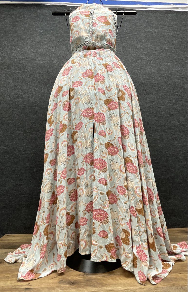 Women's Floral Halter Maxi Dress Blue Pink Crochet Trim Smocked Waist Tie Back