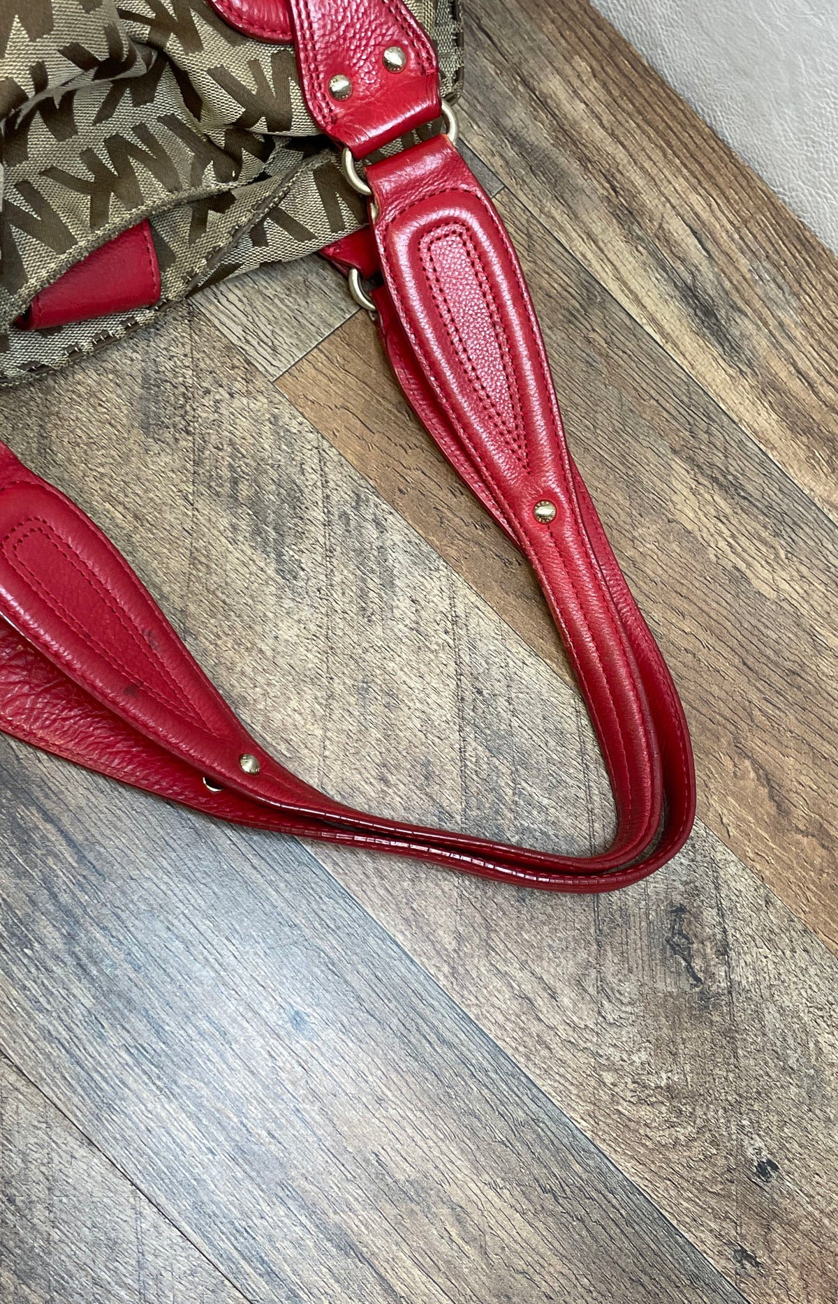 Michael Kors Brown Red Signature Monogram Canvas Hobo Shoulder Bag Gold Hardware