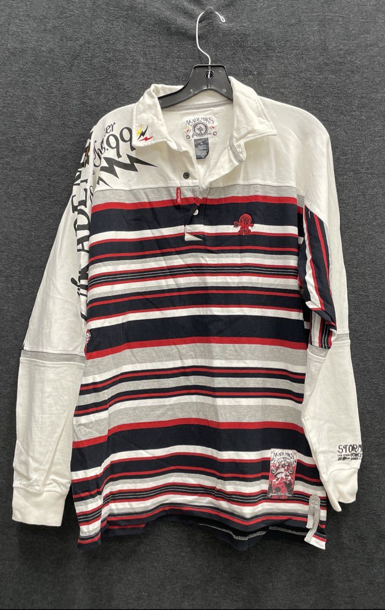 Vintage Y2K Akademiks Men's Rugby Shirt Striped Long Sleeve Jeanius 99 Sz XL