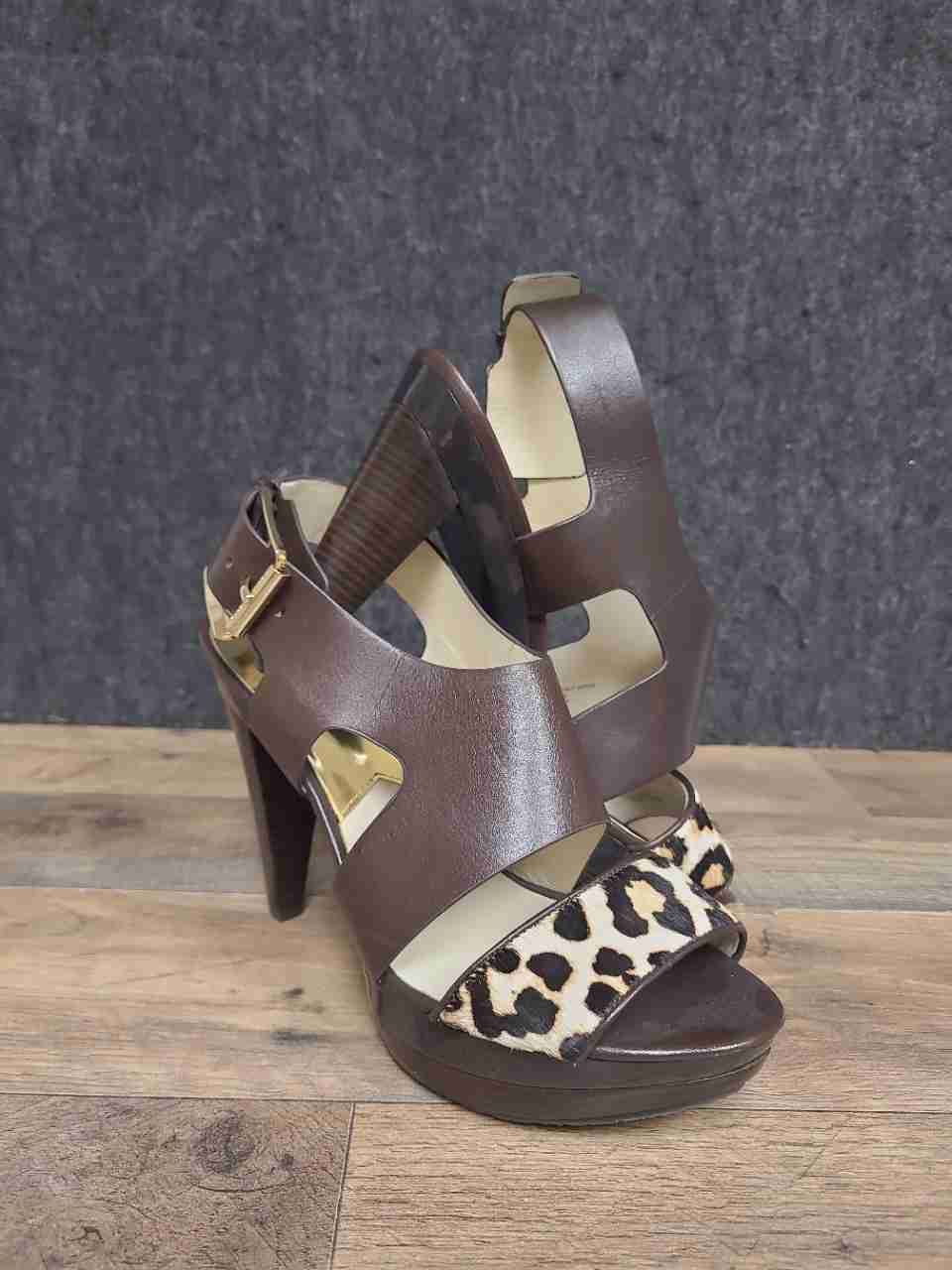 Michael Kors Leather & Hair Calf Brown Leopard Platform Heel Sandals Size 8M