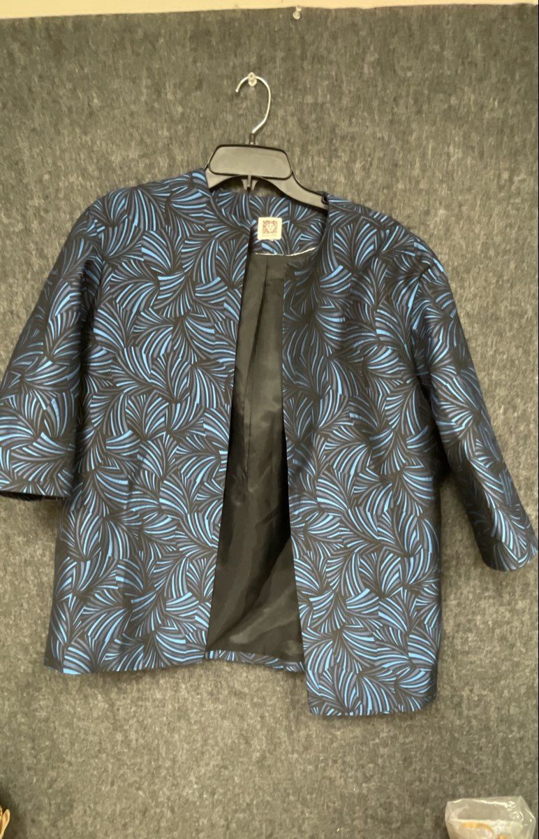 Anne Klein Women's Blue Black Geometric Fan Jacquard Open Front Jacket