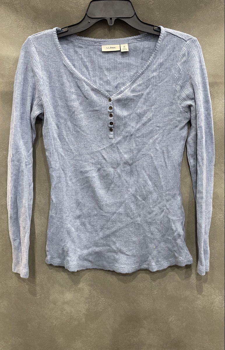 LL Bean Women's Blue Pima Cotton Modal Ribbed Henley Sweater Top Sz M