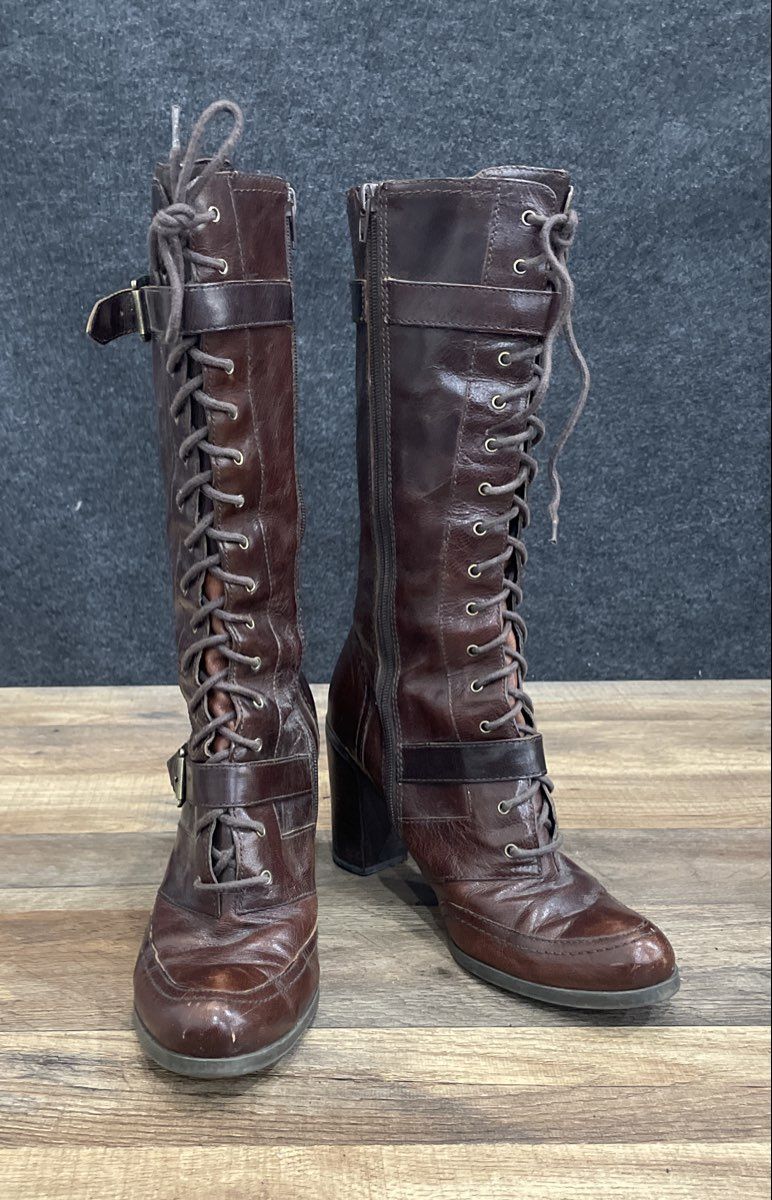Nine West Rockell Dark Brown Leather Knee High Boots Size 9.5