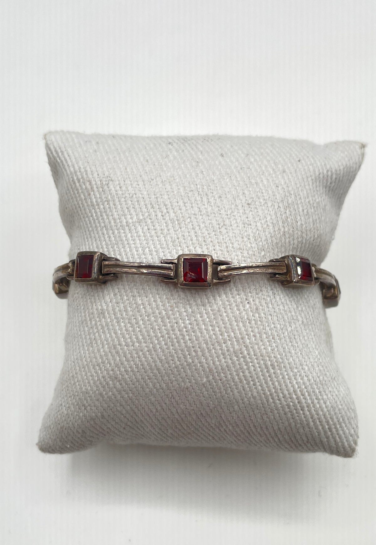 925 Sterling Silver Garnet Accent Bar-And-Box Link Bracelet 17.9g *Damaged*
