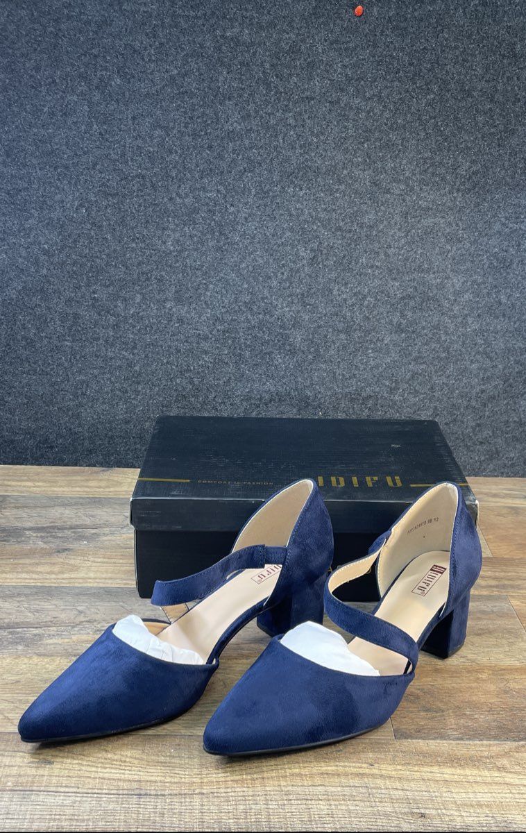 IDIFU Navy Blue Faux Suede Pointed Toe Block Heel Sandals Women's Size 12 DS