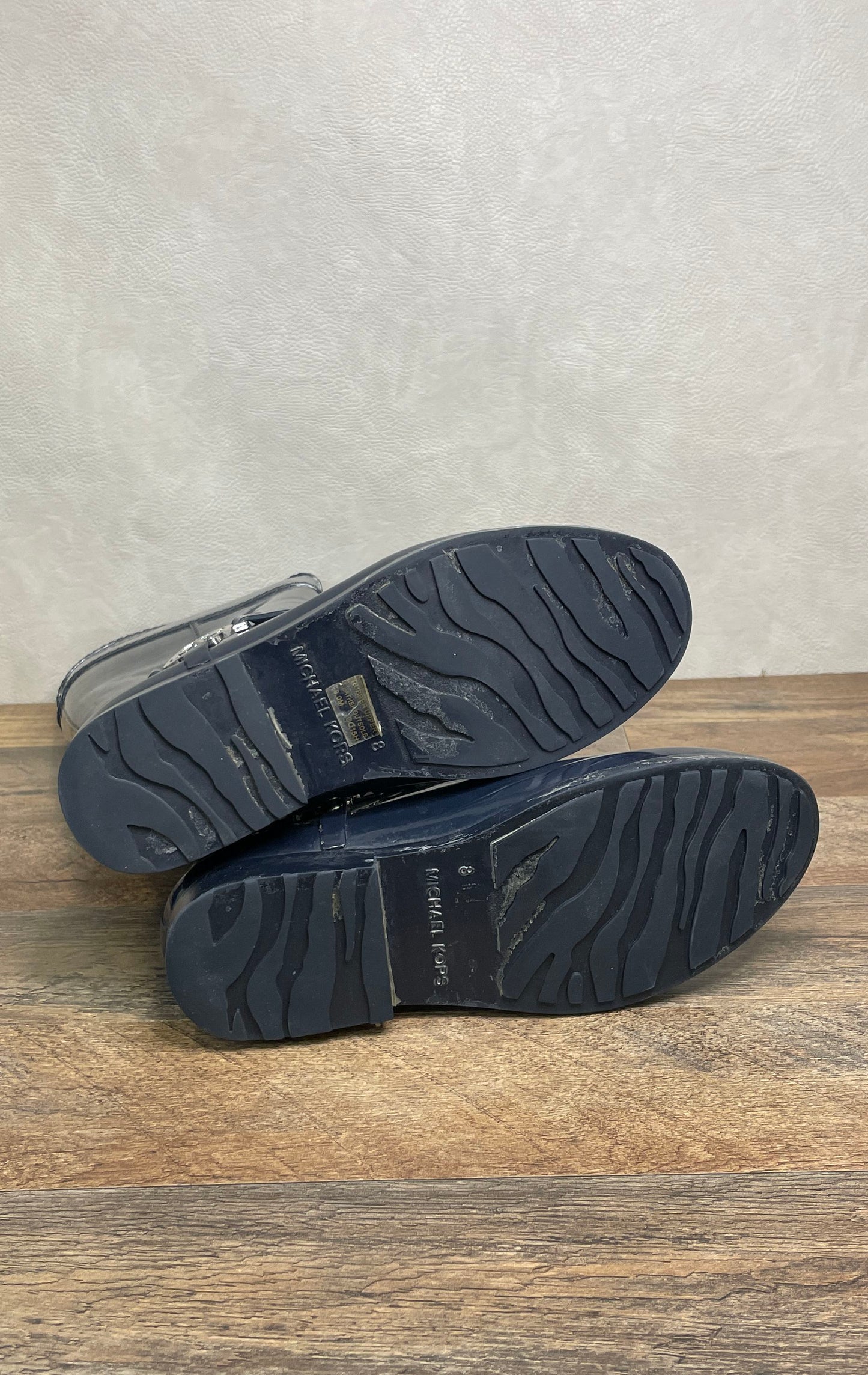 Michael Kors Navy Blue Glossy Rubber Harness Tall Rain Boots Women's Size 8