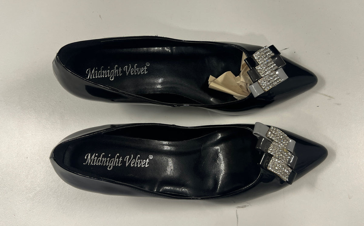 Midnight Velvet Black Patent Rhinestone Bow Pointed Toe Kitten Heels Size 10M