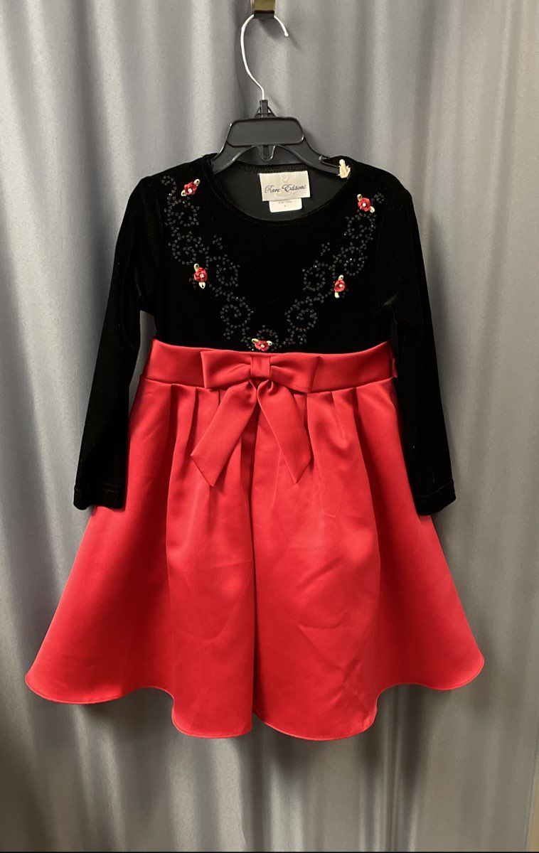 Rare Editions Girl's Red Black Velvet Bodice Beaded Floral Bow Dress Sz 4
