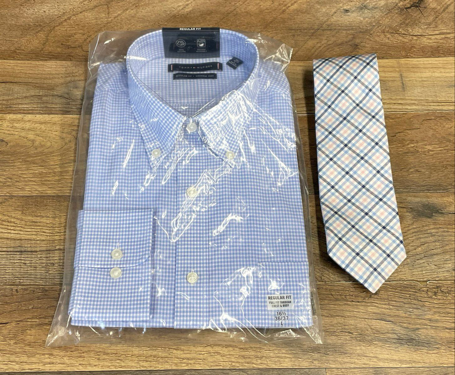 Tommy Hilfiger Men's Gingham Dress Shirt & Silk Tie Blue White NWT Sz 16.5 36/37