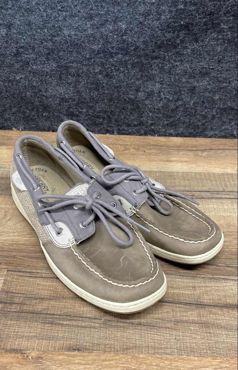 Sperry Bluefish Grey Leather Textile 2-Eye Boat Shoes Women's Size 9