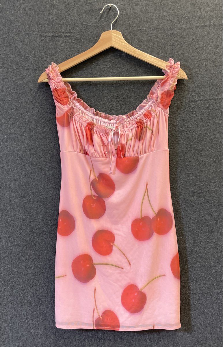 Kimchi Blue Women's Pink Cherry Print Ruched Mini Dress Mesh Overlay Size S