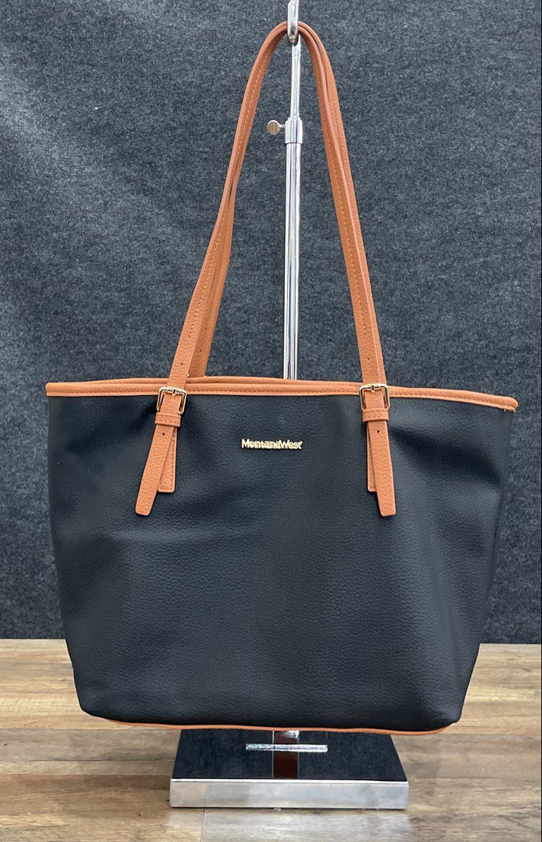 Montana West Black Tan Pebbled Vegan Leather Tote Handbag Gold Hardware
