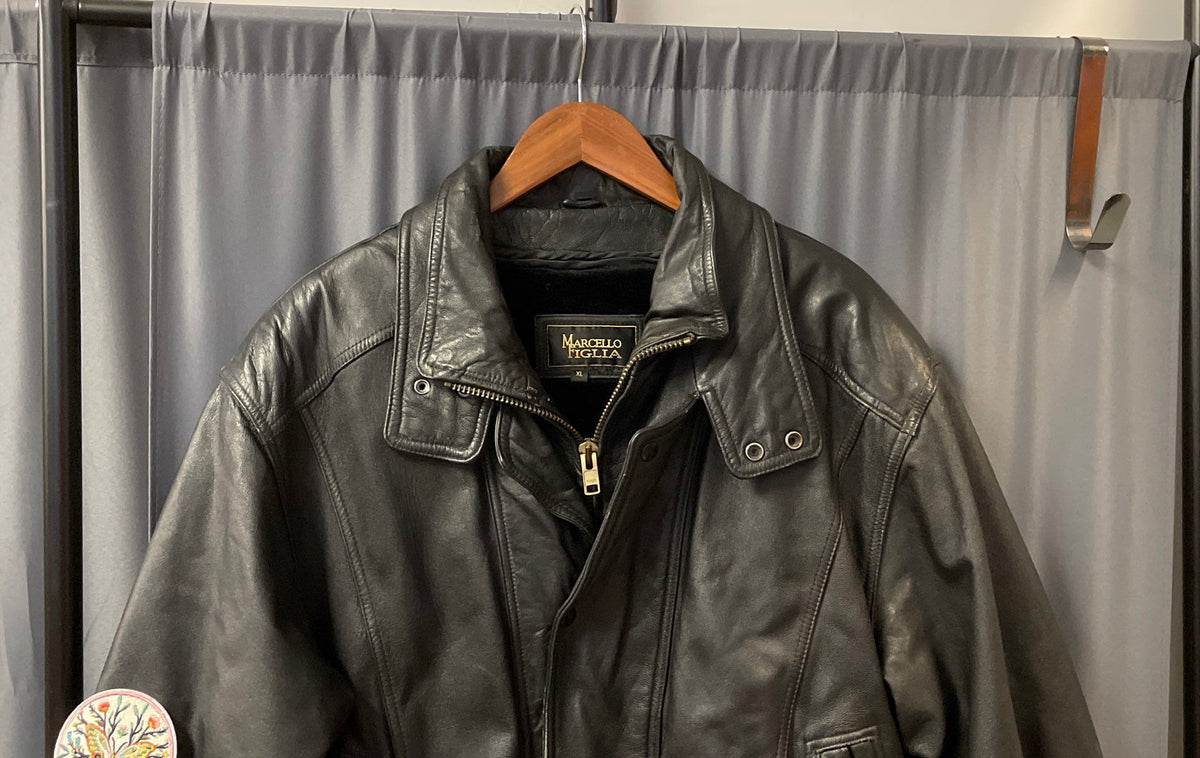 Vintage Y2K Marcello Figlia Men's Black Leather Bomber Jacket Patch Sz XL