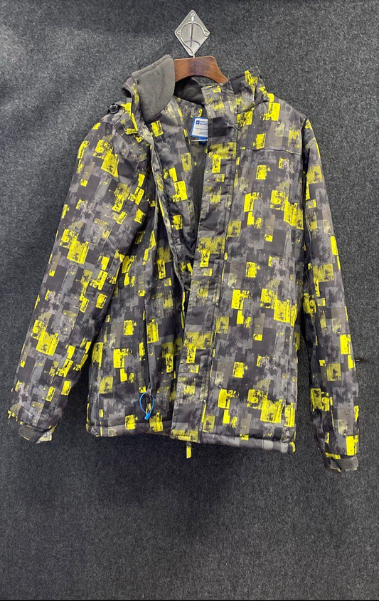 Mountain Warehouse Men's Snow Ski Jacket Black Yellow Geometric Hooded Sz S