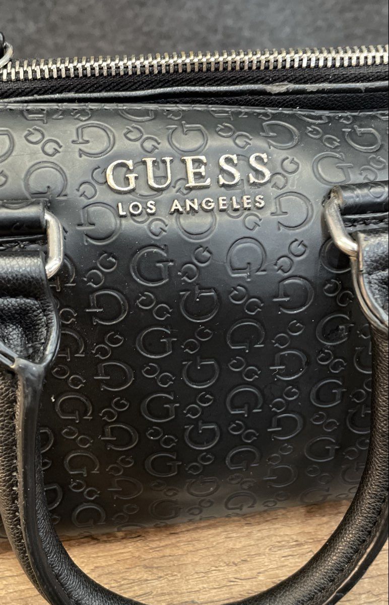 Guess Black Embossed Logo Satchel Handbag Crossbody Silver Hardware
