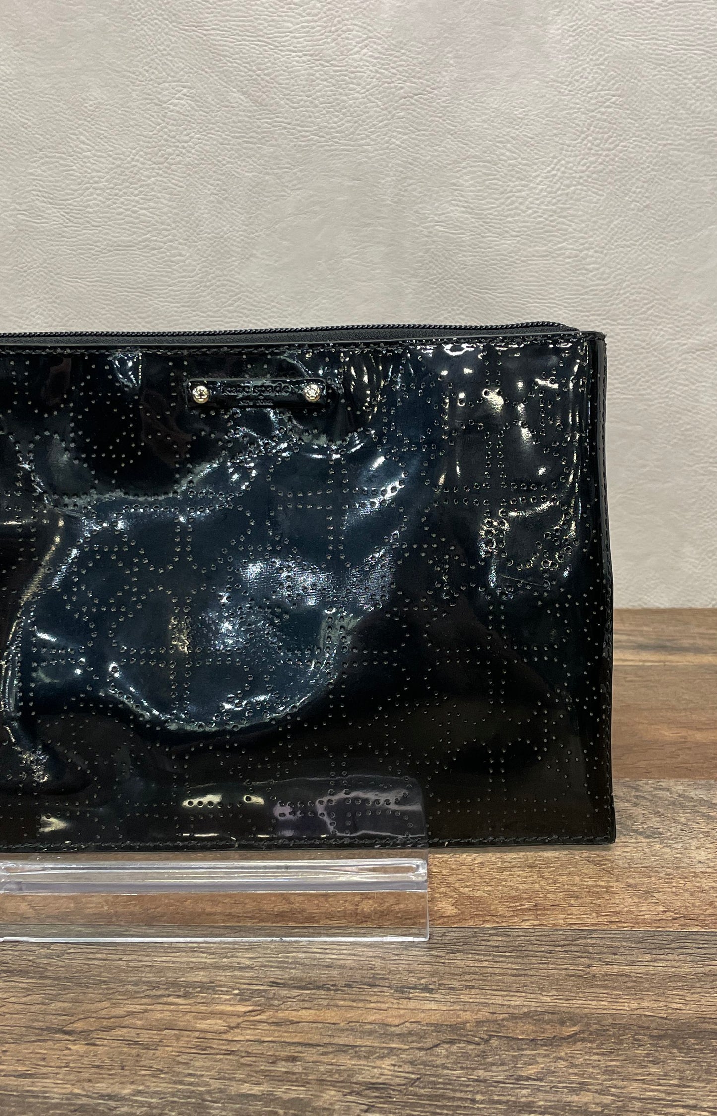 Kate Spade Black Perforated Patent Leather Flat Zip Pouch Clutch Bag