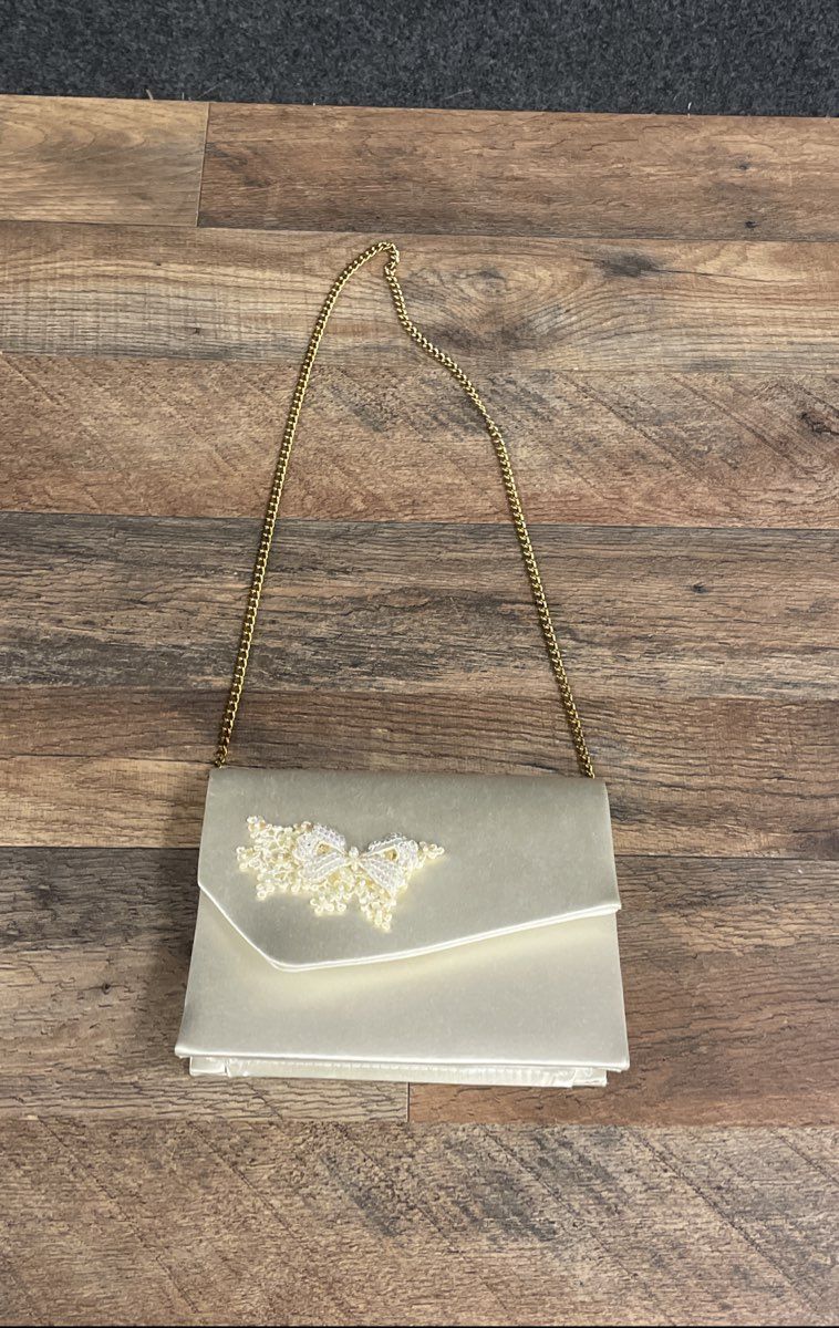 Vintage 90s Dyeables Cream Satin Beaded Lace Bow Evening Bag Clutch Gold Chain