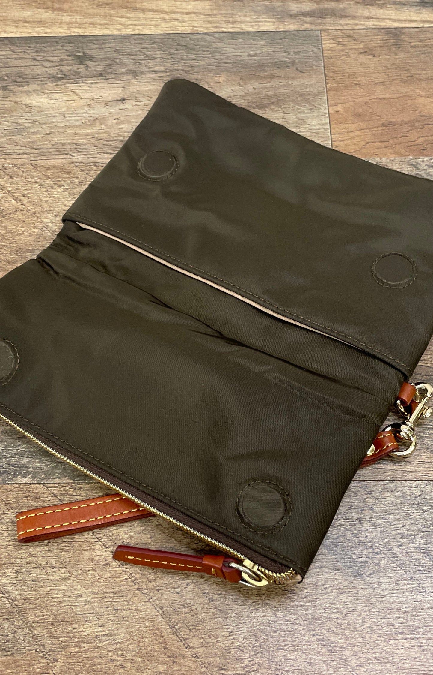 Dooney & Bourke Brown Nylon Leather Trim Wristlet Pouch Bag Gold Hardware