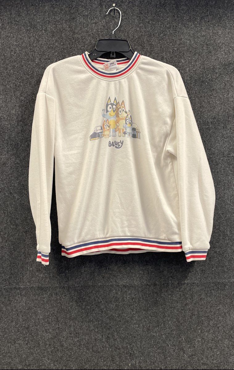 BBC Studios Bluey Cream Graphic Crewneck Sweater Red Blue Striped Trim Sz M