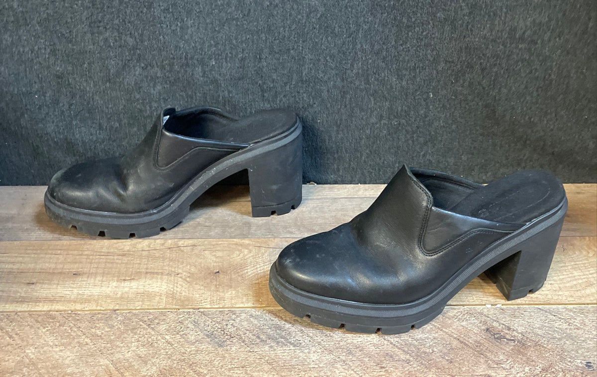 Timberland Black Leather Chunky Block Heel Lug Sole Mules Women's Size 10W