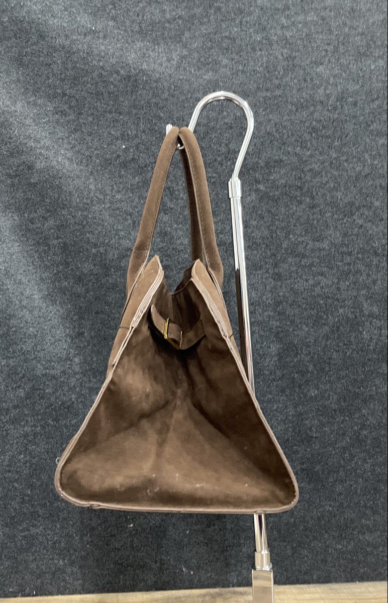 Brown Faux Suede Large Satchel Tote Handbag Gold Tone Hardware