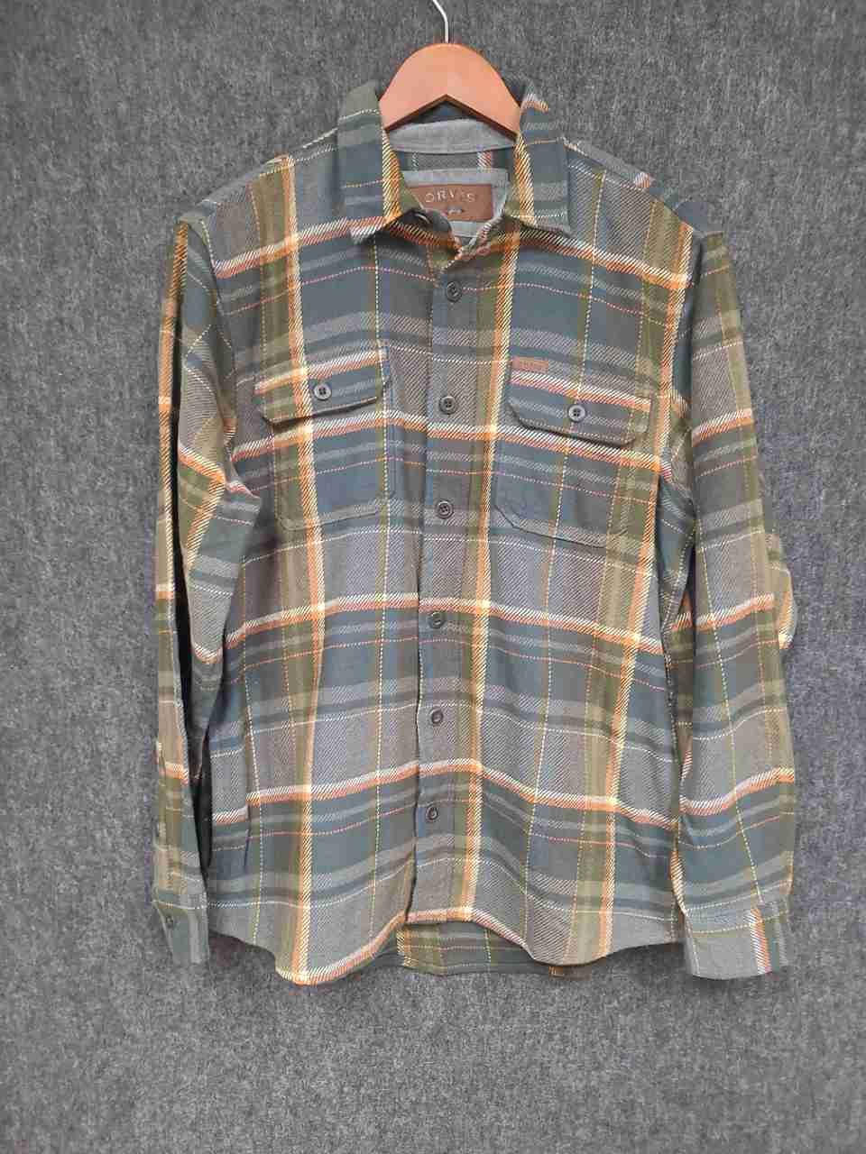 Orvis Men's Flannel Shirt Green Gray Orange Plaid Long Sleeve Heavy Cotton Sz S
