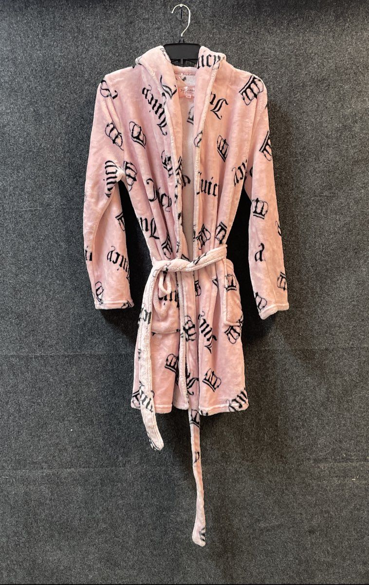 Juicy Couture Women's Pink Hooded Plush Robe Logo Crown Print Sz L/XL