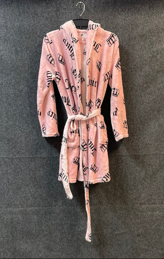 Juicy Couture Women's Pink Hooded Plush Robe Logo Crown Print Sz L/XL