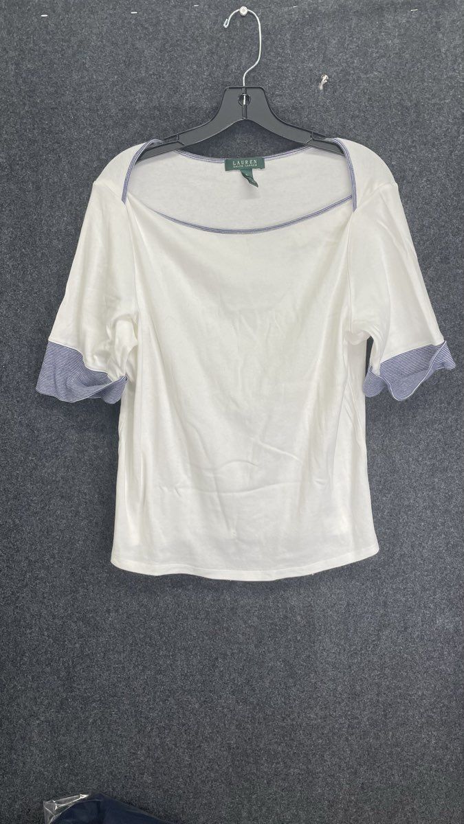 Lauren Ralph Lauren Women's White Boat Neck Short Sleeve Striped Trim Top XL