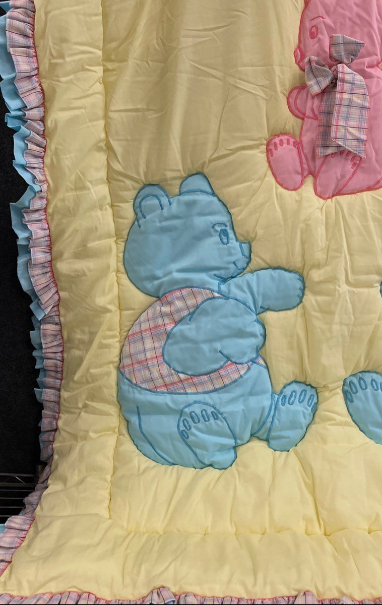 Vintage Baby Blanket Puffy Comforter Teddy Bear Applique Yellow Pink Blue Plaid