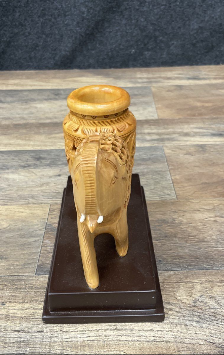 Carved Wood Elephant Figurine Lot Jali Lattice Work & Pot on Base Vintage 2pc