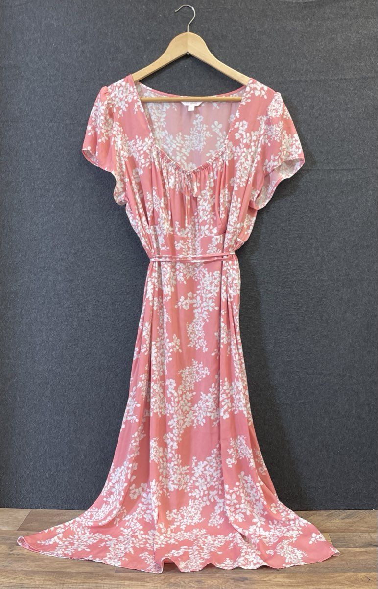 Lauren Conrad Women's Pink Floral Midi Dress Tie Details Flutter Sleeve Sz XL