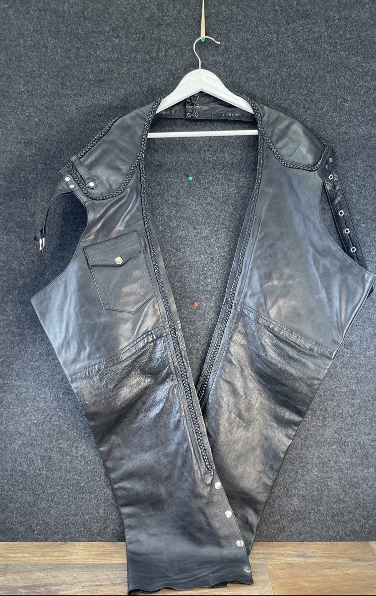 Men's Black Buffalo Leather Motorcycle Riding Chaps Braided Biker Sz M