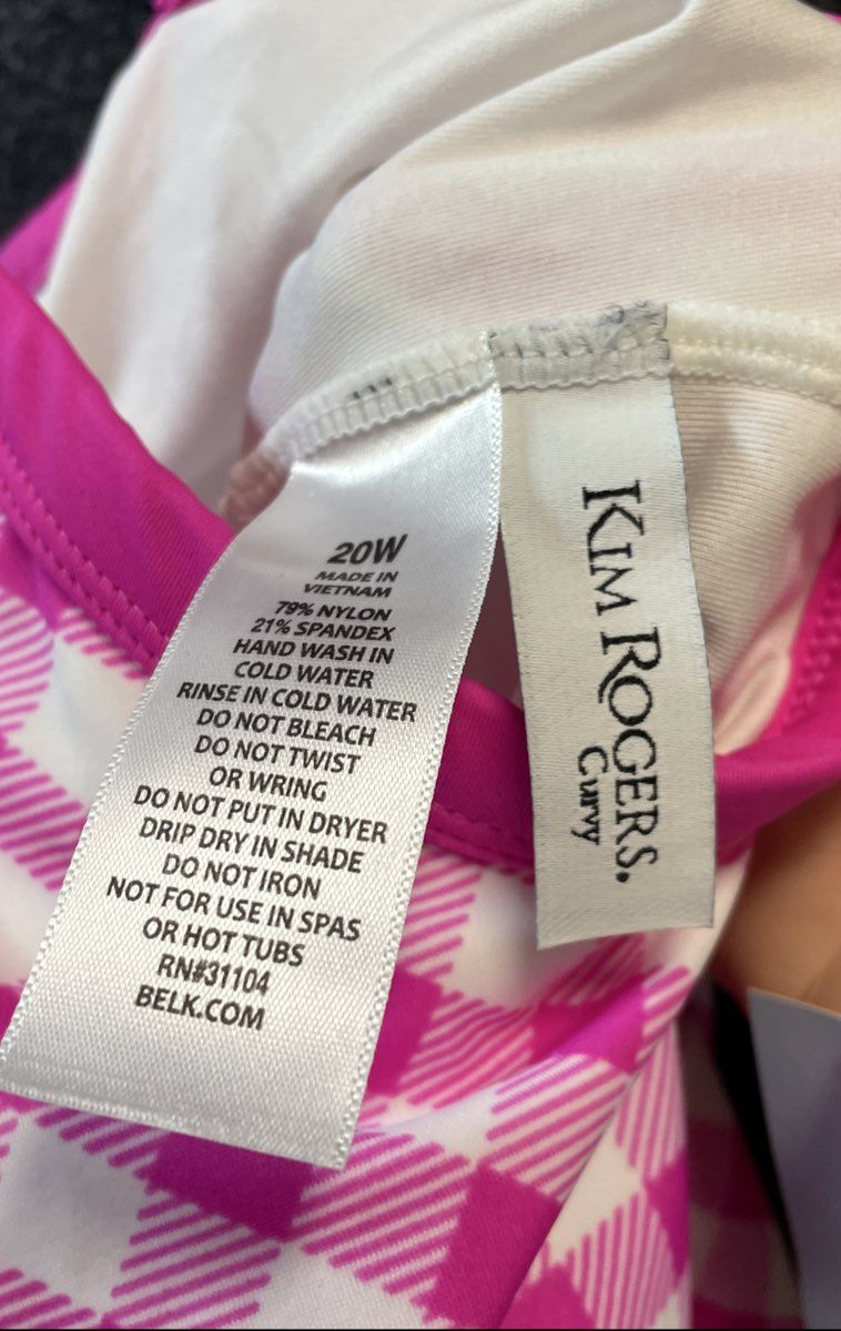 Kim Rogers Curvy Women's Tankini Top Pink White Gingham Check Blouson NWT 20W