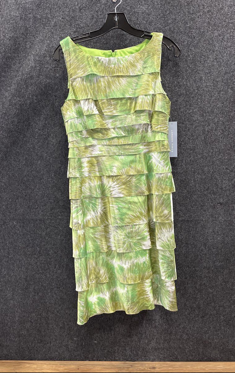 London Times Women's Green White Abstract Tiered Ruffle Sheath Dress Sz 8 NWT
