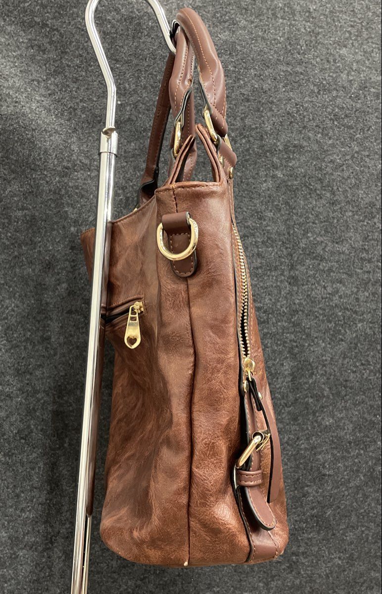 Brown Leather Tote Handbag Distressed Gold Hardware Buckle Accents Purse