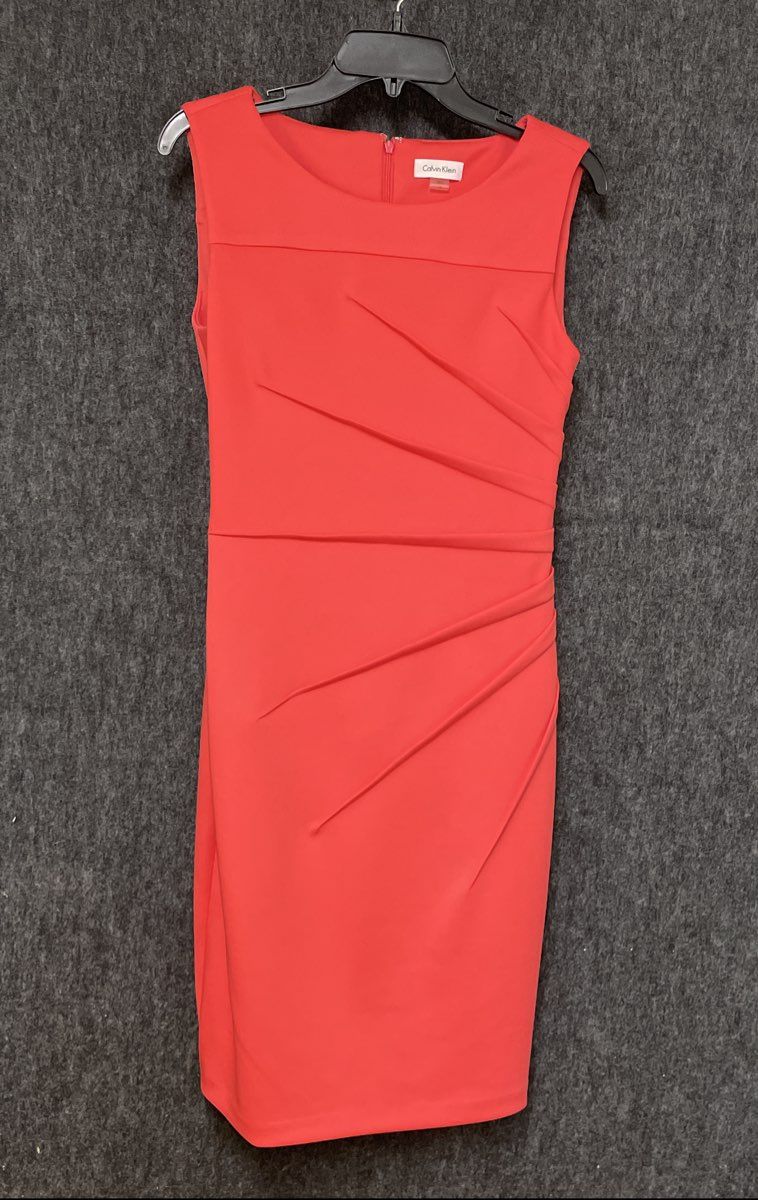 Calvin Klein Women's Coral Sleeveless Side Pleated Ruched Sheath Dress Sz 12