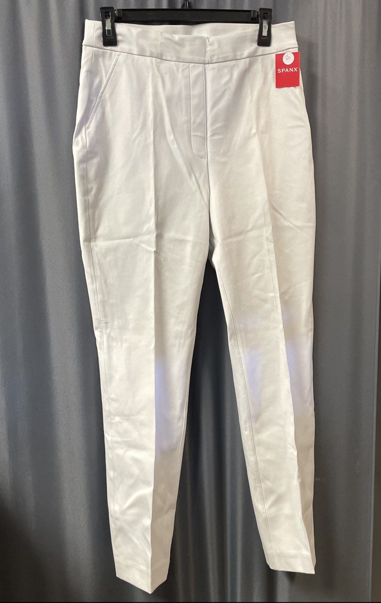 Spanx Women's Slim Straight Pants Classic White Tall Cotton Blend Size M NWT