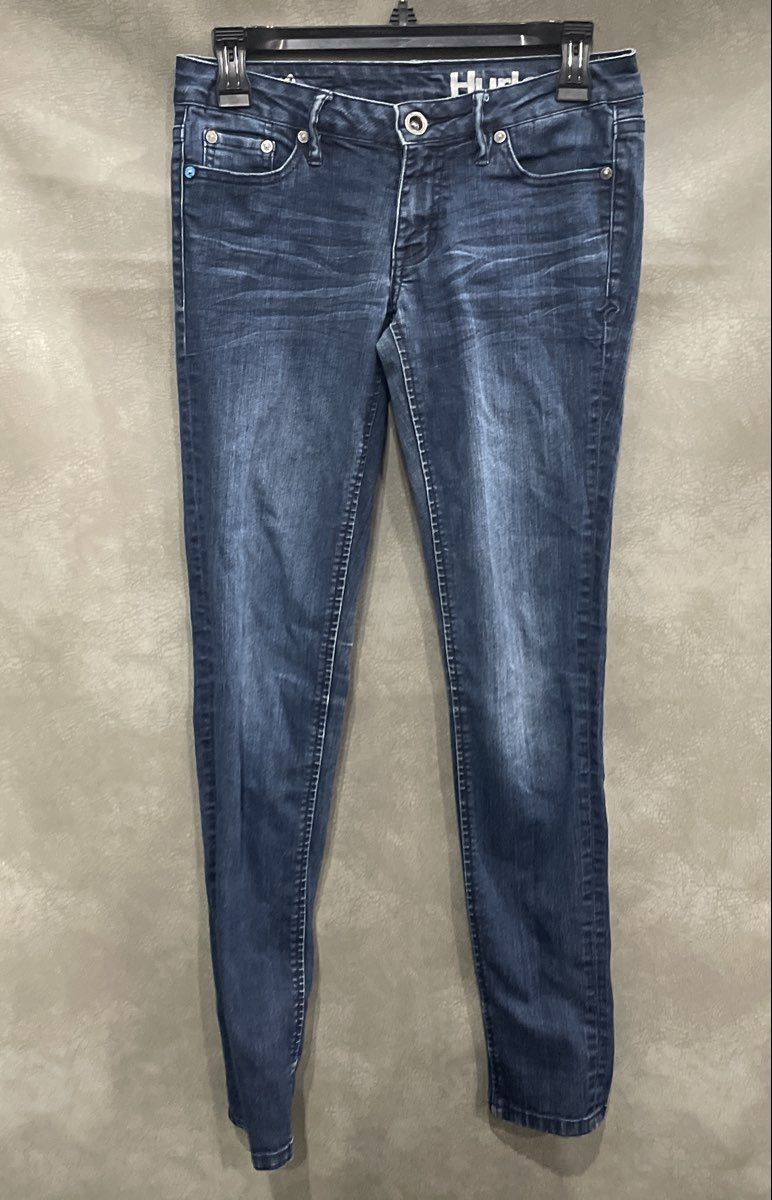 Hurley Women's Skinny Jeans Dark Wash Blue Whiskered Ankle Zip Size 3